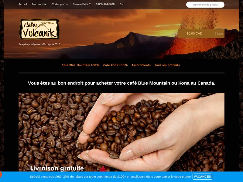 Page d'accueil du site web de Cafés Volcanik
